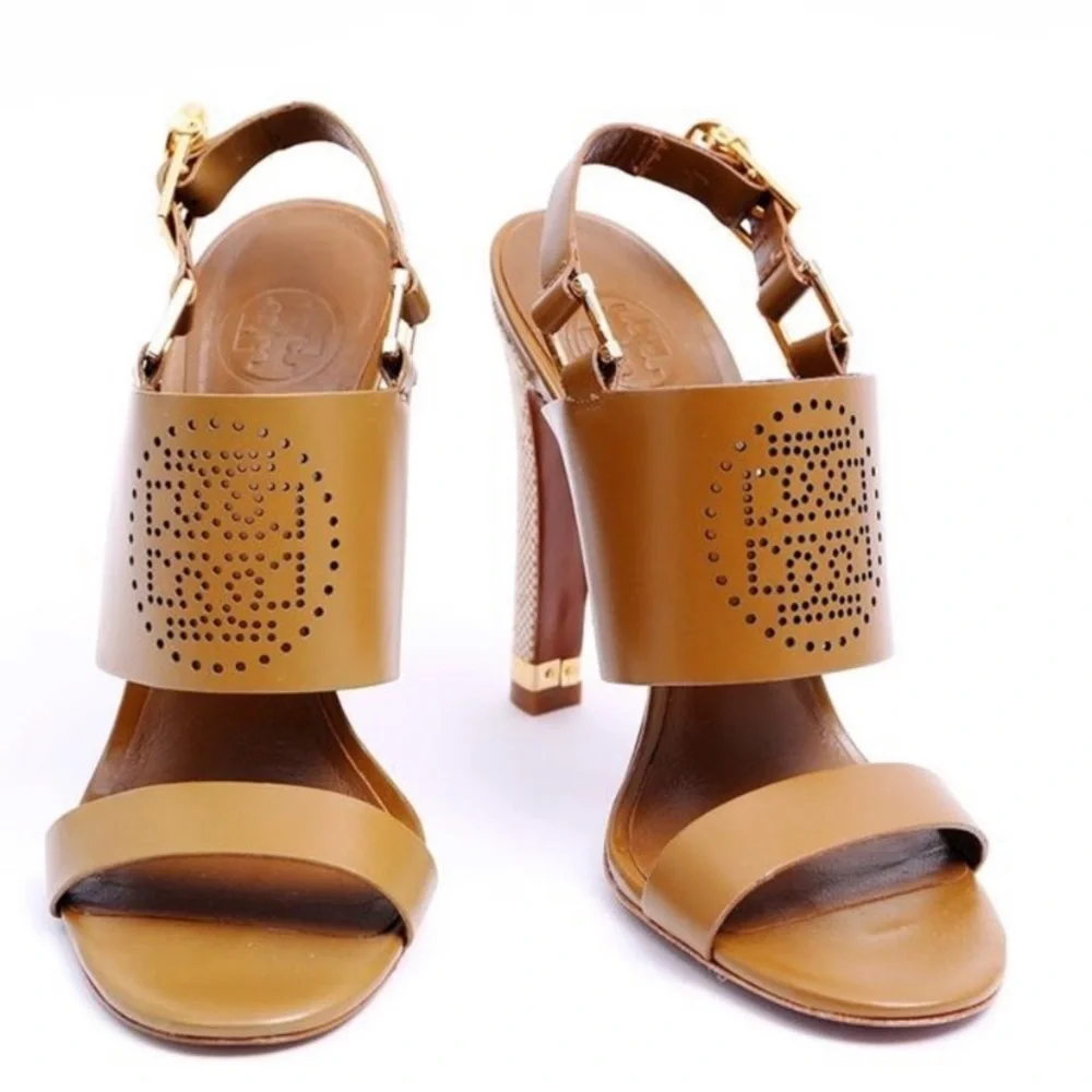 Tory Burch Tan Leather High Heel Sandals with Gold Accents